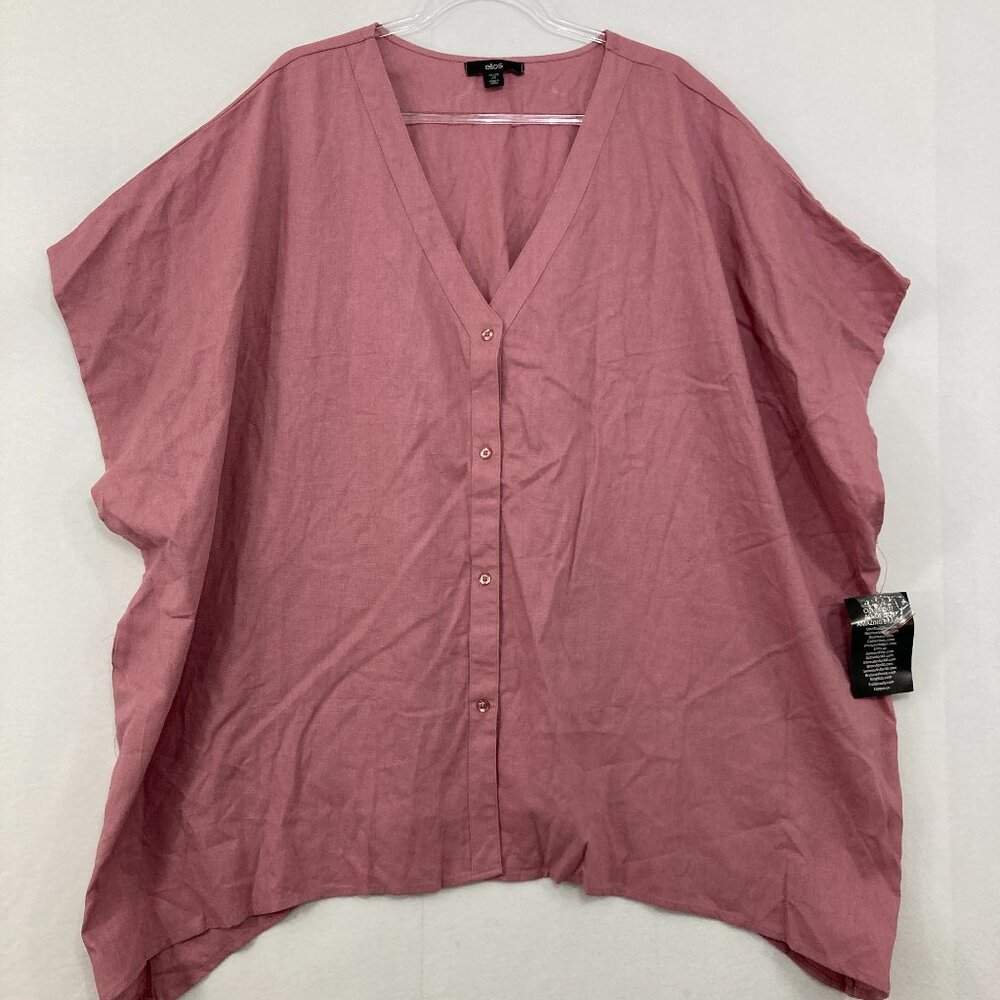 New‎ Ellos size 2X Pink Mauve V Neck Linen Blend Flowy Poncho Button Down